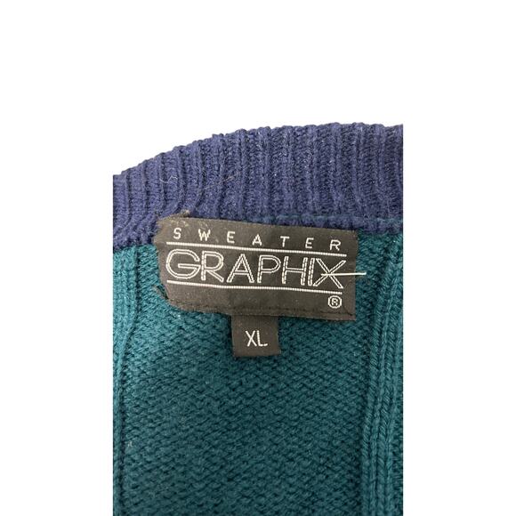 🧥 Vintage GRAPHIX Teal Knit Cardigan XL – Retro Button Front Grandpa Sweater - Picture 4 of 4